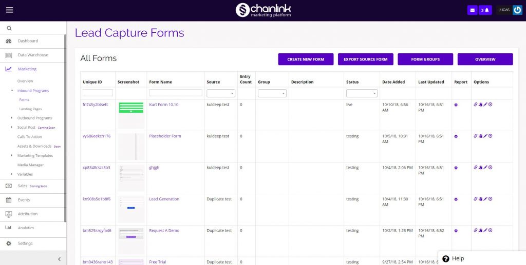 Chainlink marketing platform forms