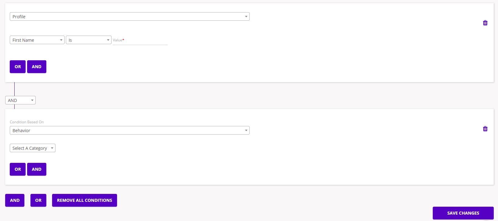 chainlink marketing platform segment conditions