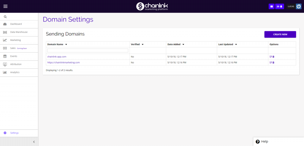 Chainlink domain settings dashboard