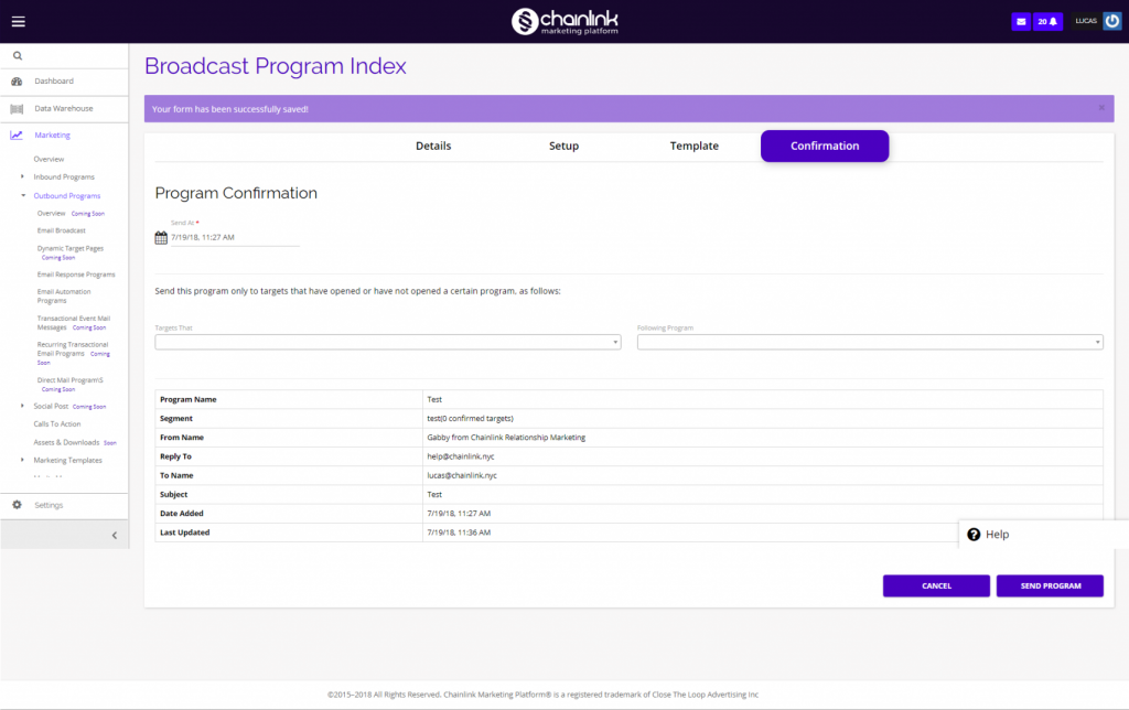 Chainlink email broadcast confirmation