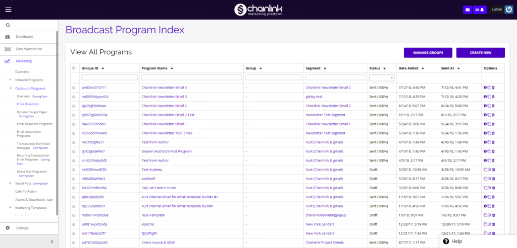 Chainlink email broadcast dashboard