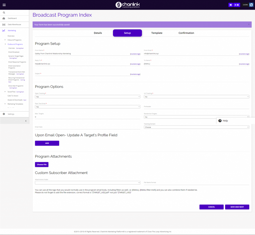 Chainlink email broadcast setup