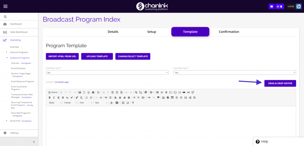 Chainlink marketing platform drag and drop editor