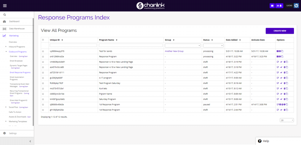 Chainlink email response programs dashboard