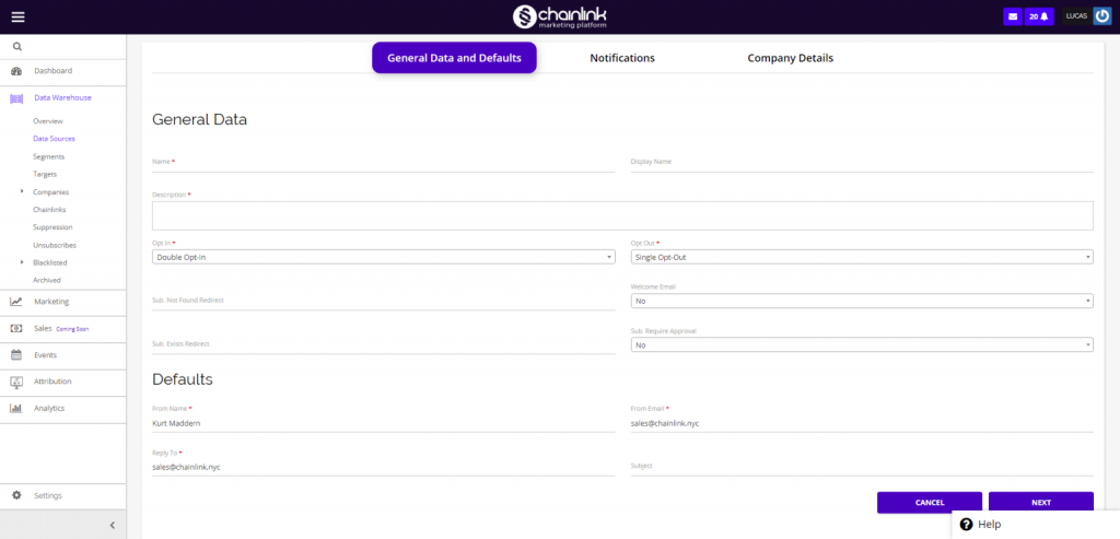 Chainlink new data source general data and defaults