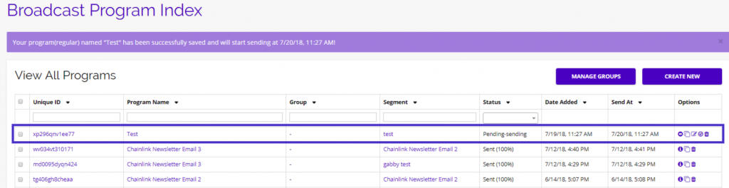 Chainlink new email program on email broadcast dashboard