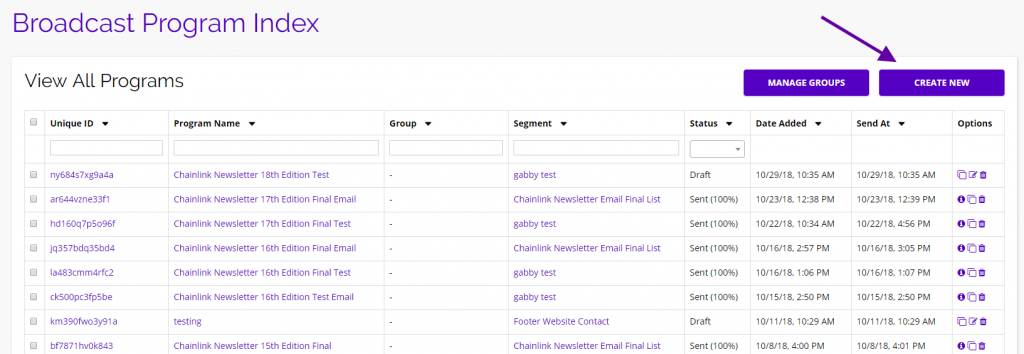chainlink marketing platform create new email broadcast
