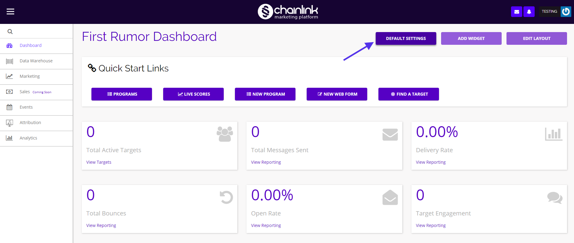 chainlink marketing platform default settings