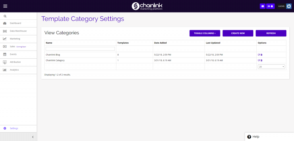 Chainlink templates categories settings dashboard