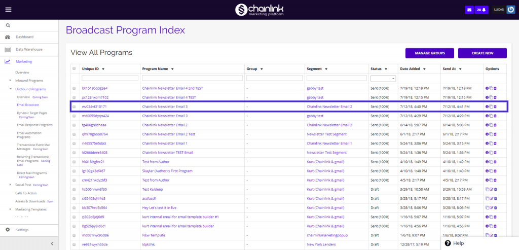 Chainlink view email program results