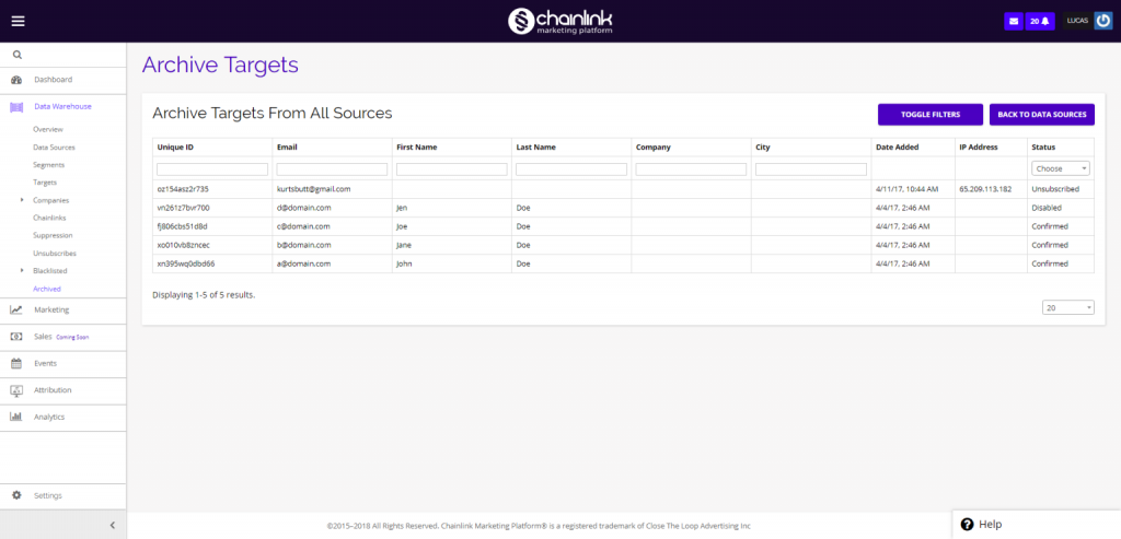 Chainlink archived targets dashboard