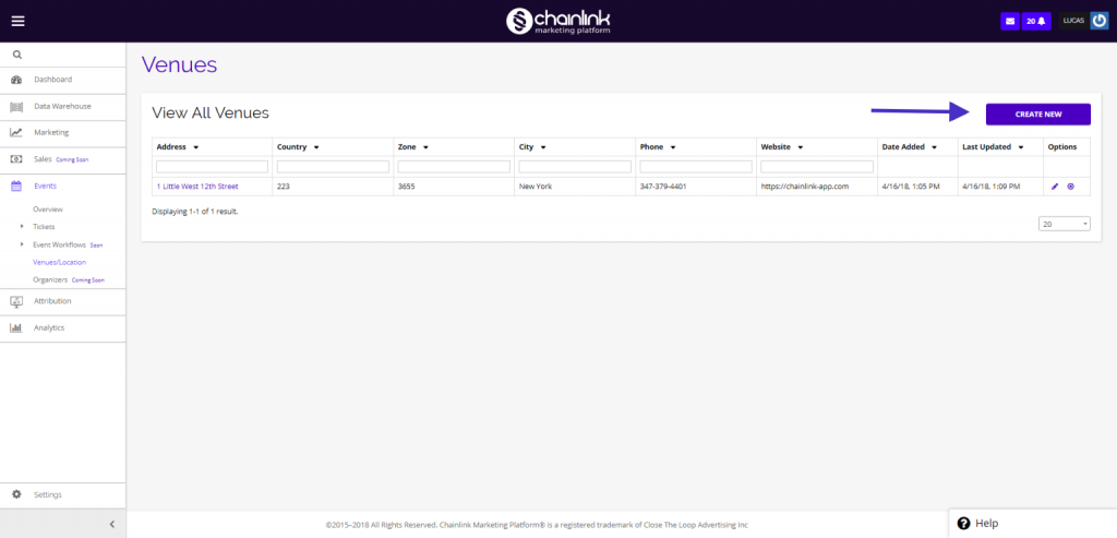 Chainlink create new venue