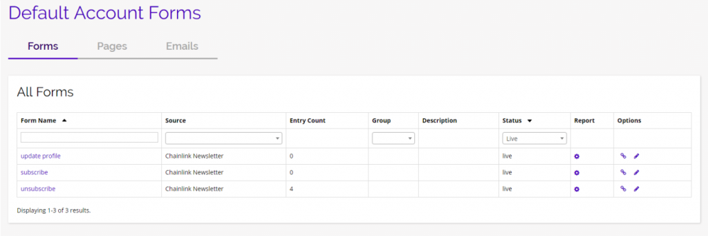 Chainlink marketing platform default account forms