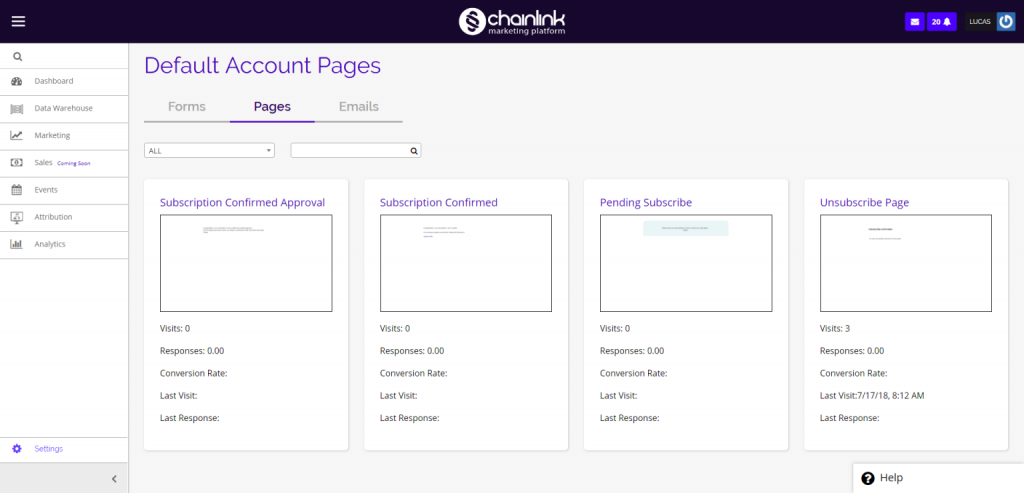 Chainlink default account pages settings dashboard