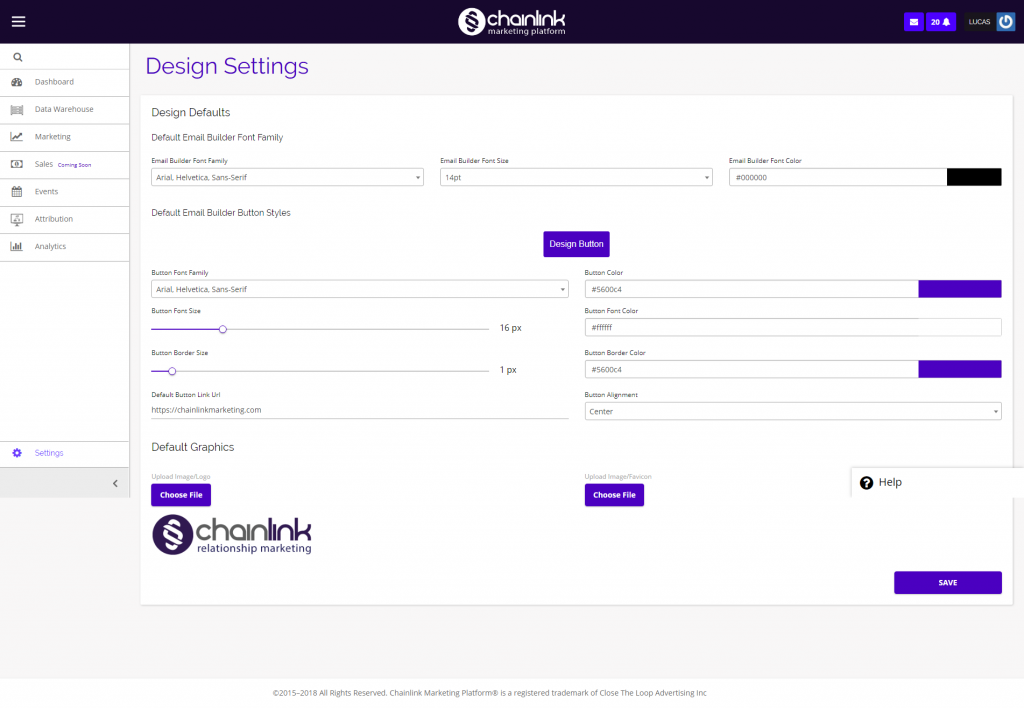 Chainlink design default settings dashboard