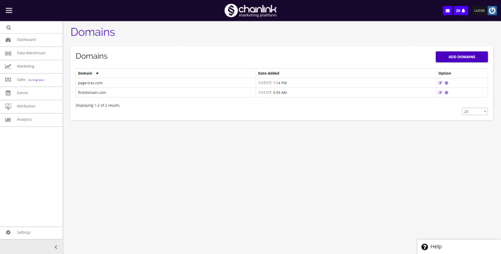 Chainlink domains dashboard