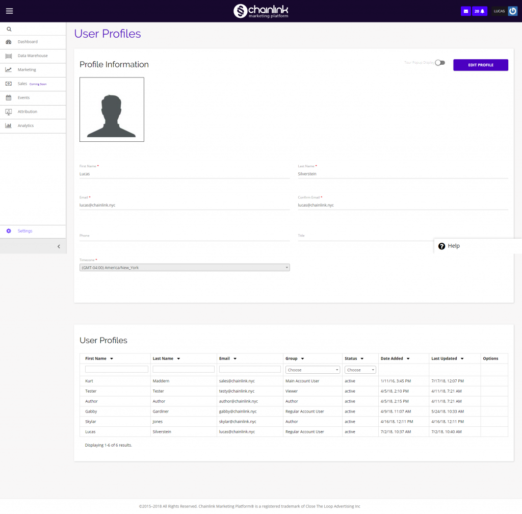 Chainlink user profiles settings dashboard