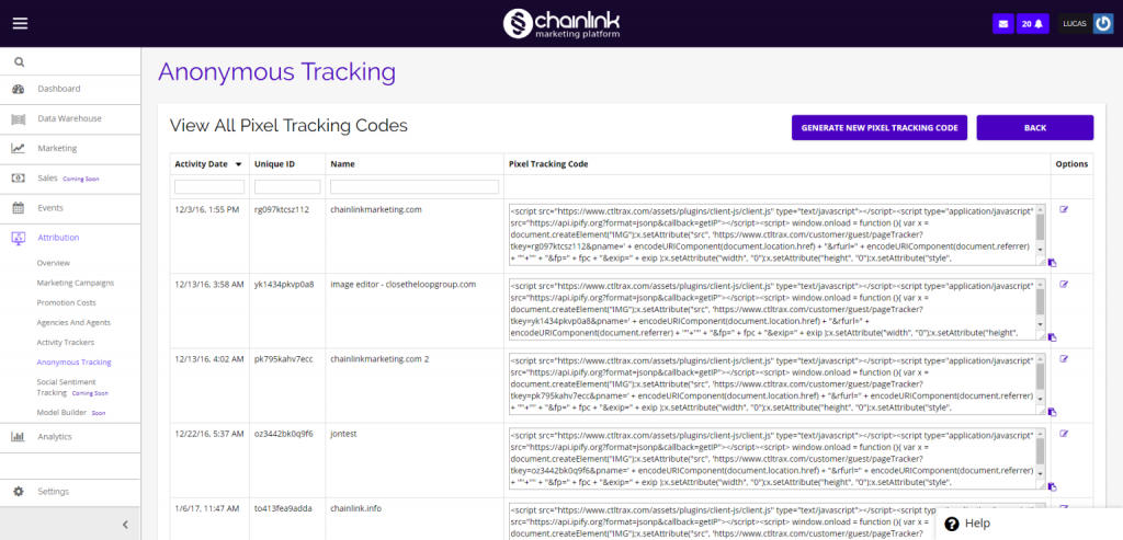 Chainlink view all pixel tracking codes
