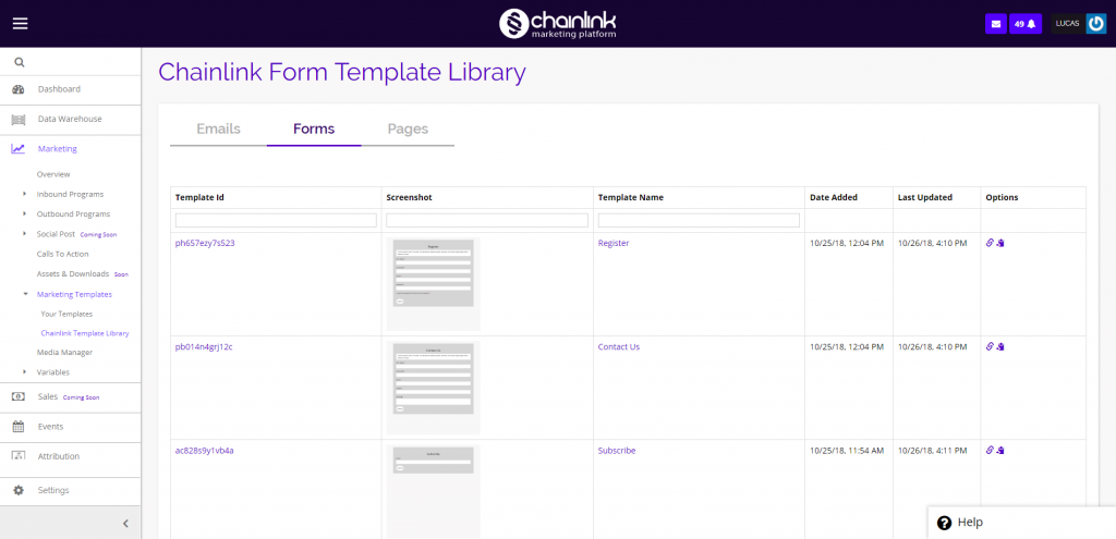 chainlink marketing platform form templates