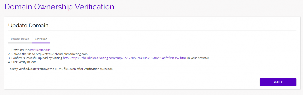 chainlink marketing platform domain verification